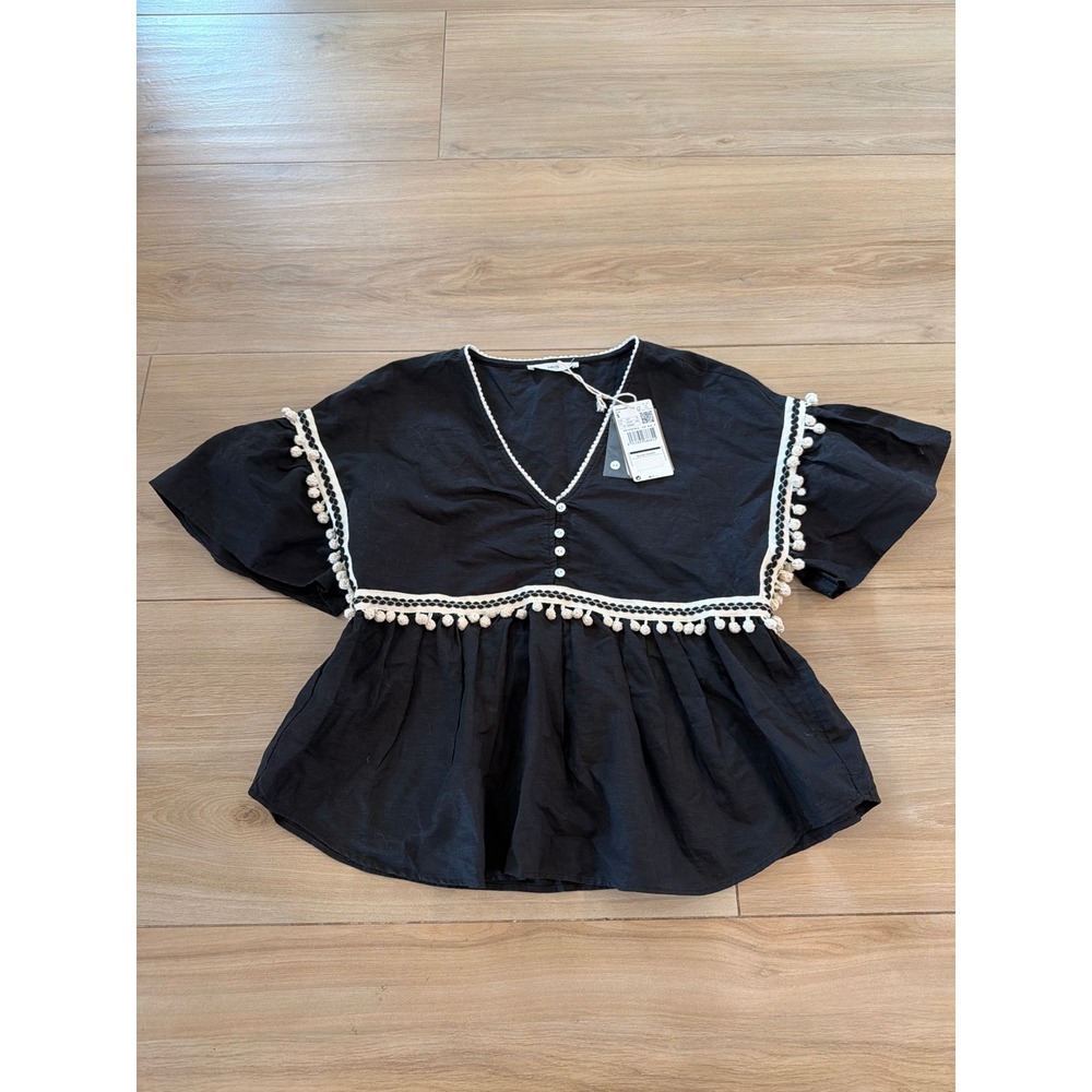 Mango Casual‎ Black Pom Pom Trim Peplum Blouse V-Neck Boho Top Small NWT